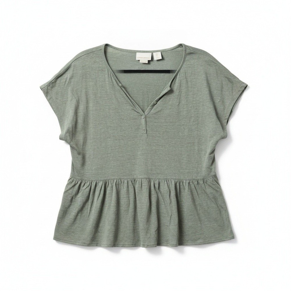 Cynthia Rowley Peplum Top Large Green 100% Linen Henley V-Neck Boho Lagenlook
